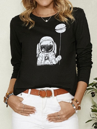 Cartoon Astronaut Print Langarm O-ausschnitt Einfache Freizeitbluse Für Frauen