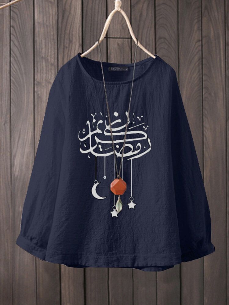 Casual Cartoon Print O-ausschnitt Langarm Ramadan Style Damen Baumwollbluse