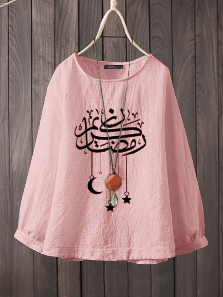 Casual Cartoon Print O-ausschnitt Langarm Ramadan Style Damen Baumwollbluse