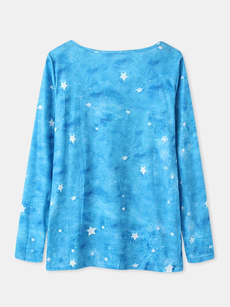 Damen Cartoon Cat Sternenhimmel Print Asymmetrischer Ausschnitt Lässige Langarm-blusen