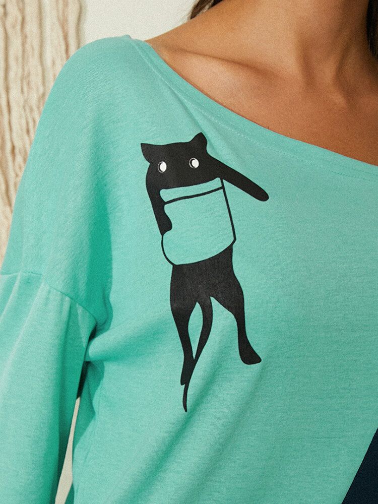 Damen Cat Print Stitching Unregelmäßiger Ausschnitt Langarm Freizeitblusen