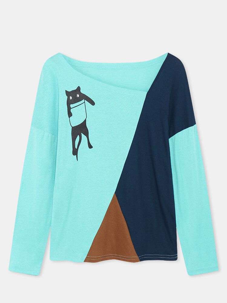 Damen Cat Print Stitching Unregelmäßiger Ausschnitt Langarm Freizeitblusen