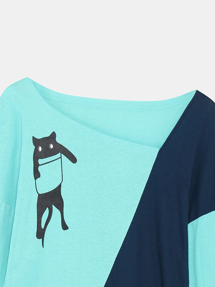 Damen Cat Print Stitching Unregelmäßiger Ausschnitt Langarm Freizeitblusen