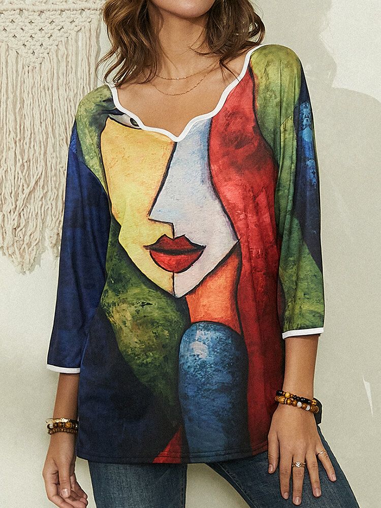 Damen Portrait Abstrakter Kunstdruck Freizeitbluse Mit Asymmetrischem Kragen