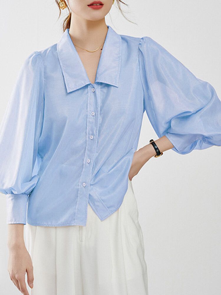 Damen Reine Farbe Button Up Revers Puffärmel Freizeithemden