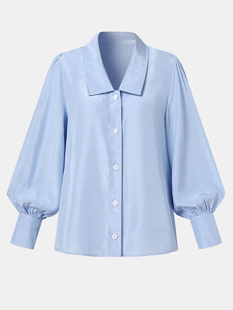 Damen Reine Farbe Button Up Revers Puffärmel Freizeithemden