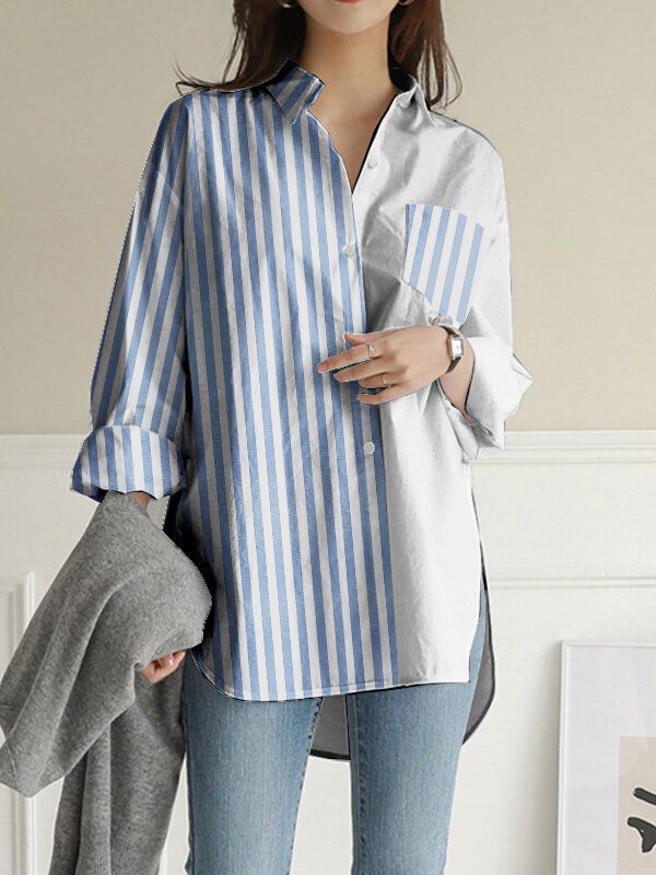 Damen Stripes Patchwork High Low Split Hem Lässige Langarmshirts