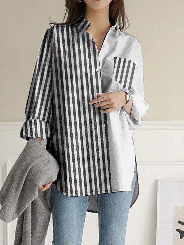 Damen Stripes Patchwork High Low Split Hem Lässige Langarmshirts