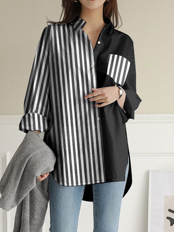 Damen Stripes Patchwork High Low Split Hem Lässige Langarmshirts