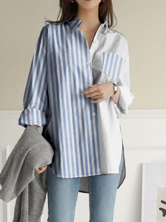 Damen Stripes Patchwork High Low Split Hem Lässige Langarmshirts