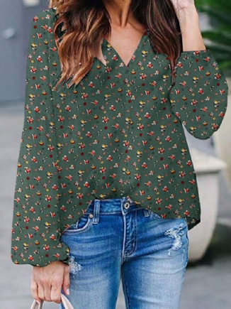 Ditsy Floral V-ausschnitt Lässige Langärmlige Lockere Bluse