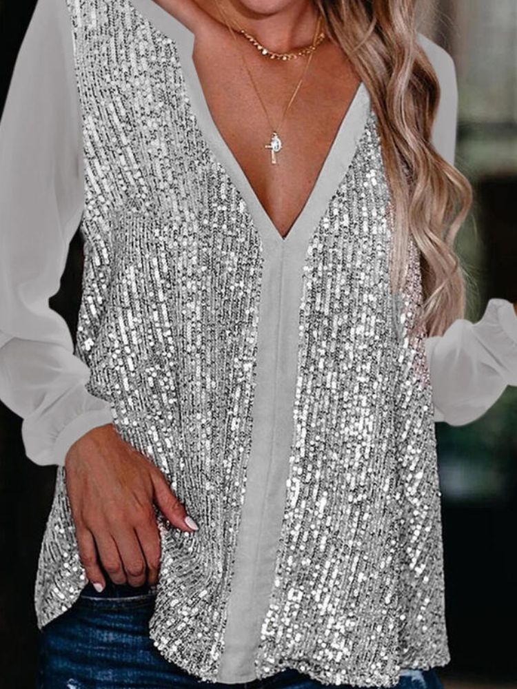 Elegante Bluse Mit V-ausschnitt Und Pailletten Für Damen