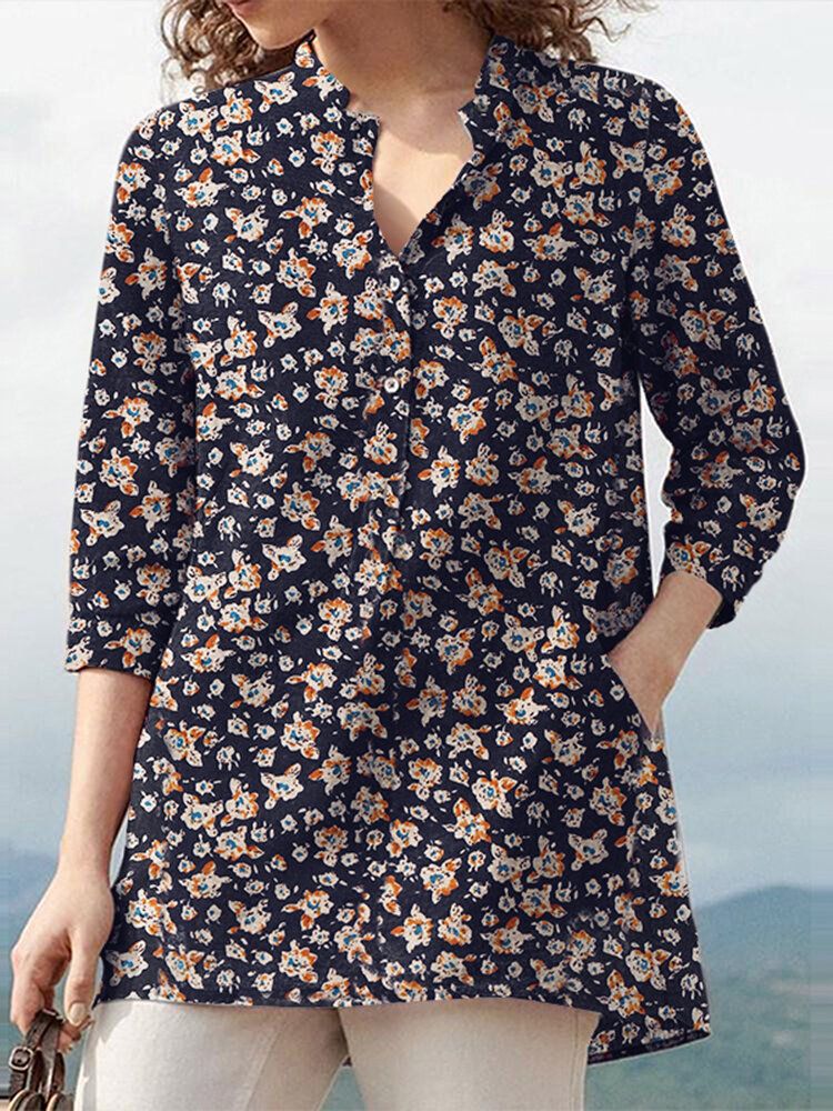 Frauen 100% Baumwolle Blumen Freizeit Böhmischen Retro-stil V-ausschnitt Seitentaschen Bluse