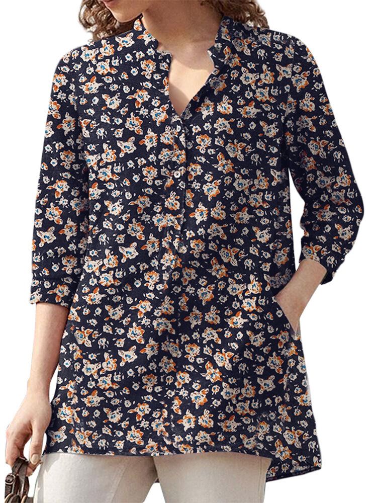 Frauen 100% Baumwolle Blumen Freizeit Böhmischen Retro-stil V-ausschnitt Seitentaschen Bluse