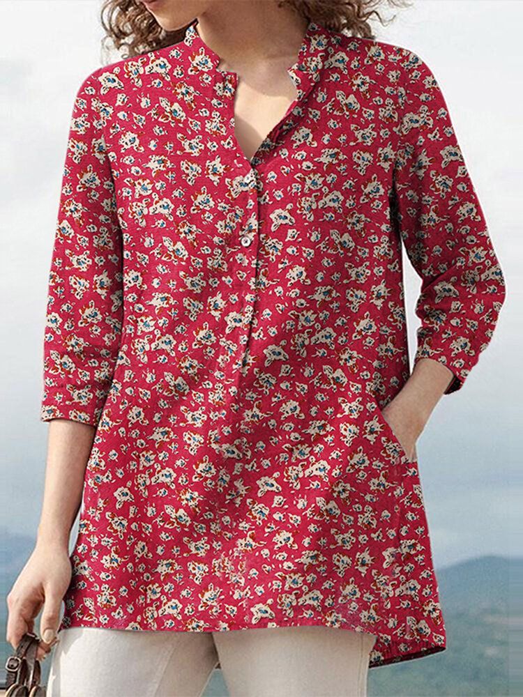 Frauen 100% Baumwolle Blumen Freizeit Böhmischen Retro-stil V-ausschnitt Seitentaschen Bluse