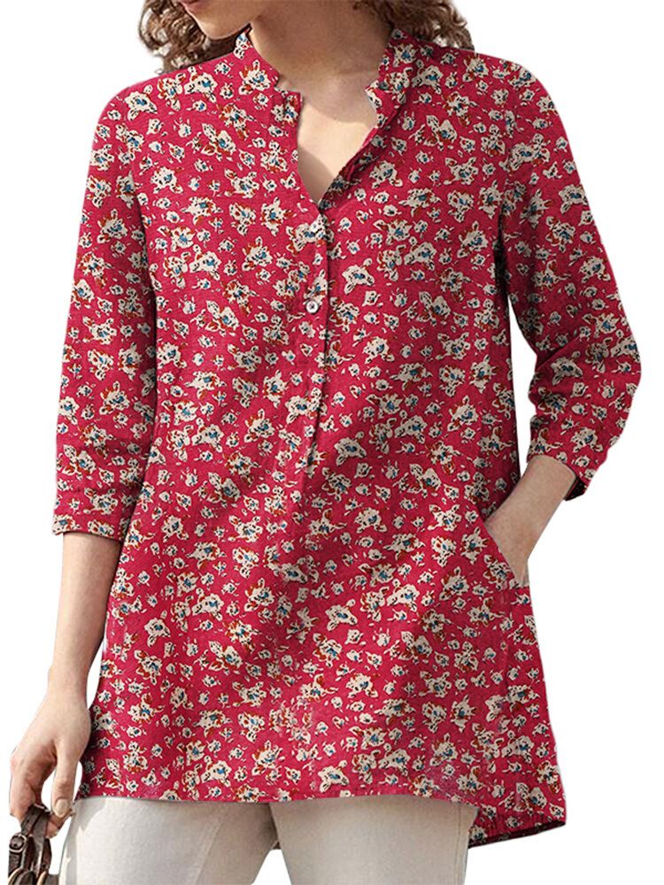 Frauen 100% Baumwolle Blumen Freizeit Böhmischen Retro-stil V-ausschnitt Seitentaschen Bluse