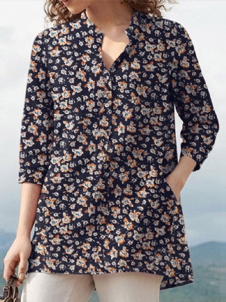 Frauen 100% Baumwolle Blumen Freizeit Böhmischen Retro-stil V-ausschnitt Seitentaschen Bluse