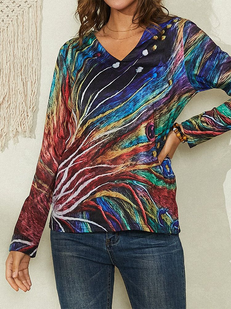 Frauen Bunte Art Lines Print V-ausschnitt Langarm Freizeitbluse