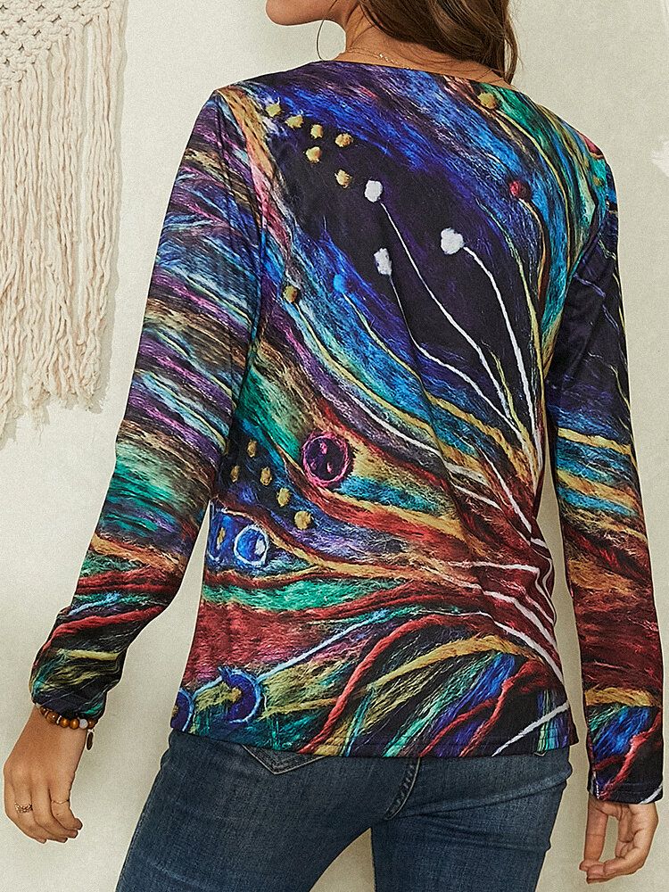 Frauen Bunte Art Lines Print V-ausschnitt Langarm Freizeitbluse