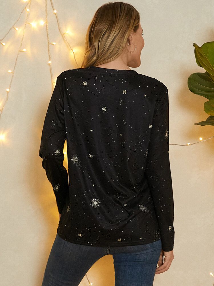 Frauen Capricorn Galaxy Print Rundhals Langarm Freizeitblusen