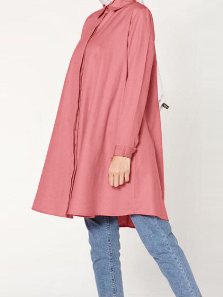 Frauen Casual Solid Color Revers Langarm Longline Lose Muslimische Bluse