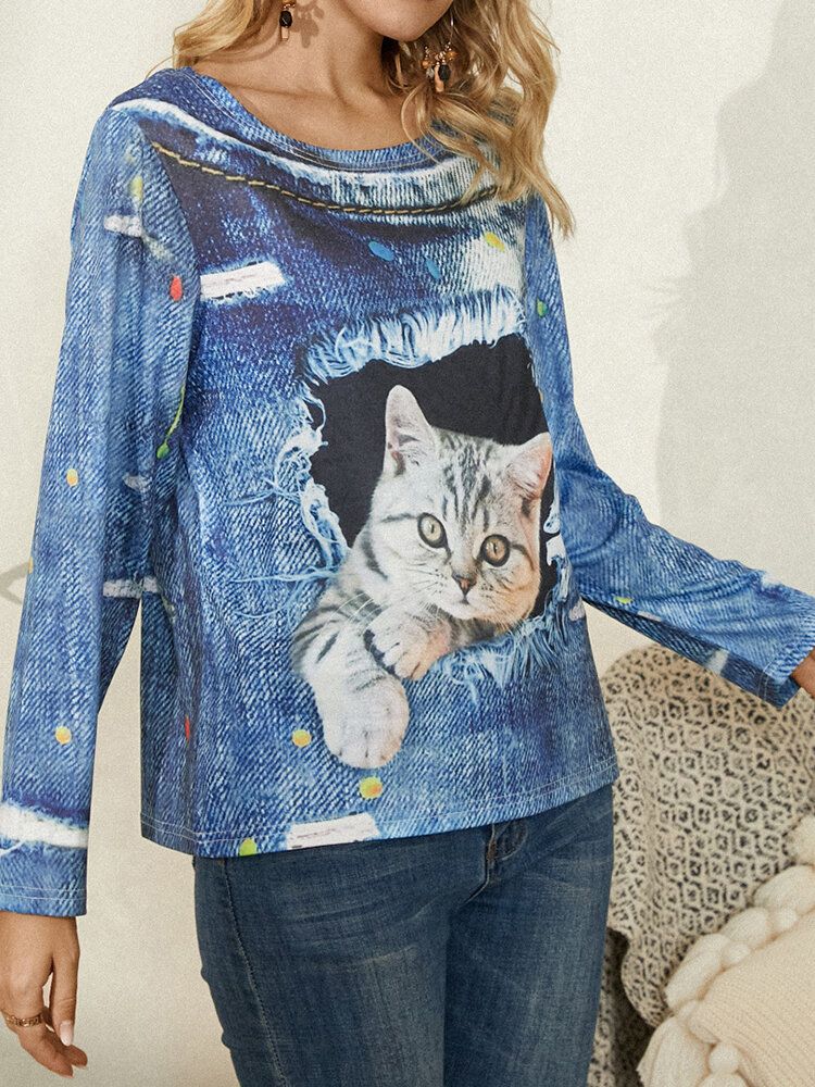 Frauen Cat Print Rundhals Casual Langarm-blusen