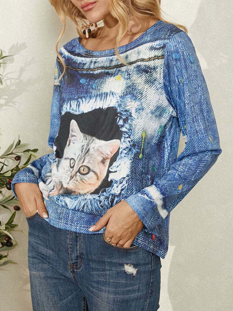 Frauen Cat Print Rundhals Casual Langarm-blusen