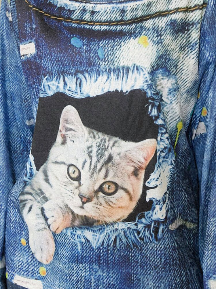 Frauen Cat Print Rundhals Casual Langarm-blusen