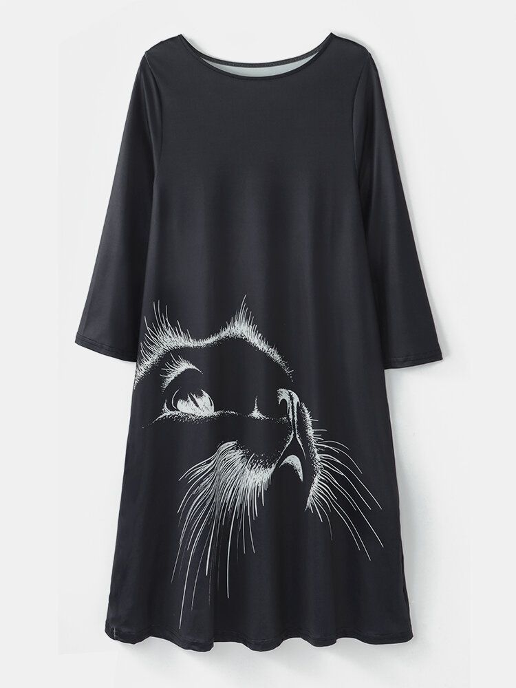 Frauen Cat Print Rundhalsausschnitt 3/4 Ärmel Lässige Schwarze Blusen