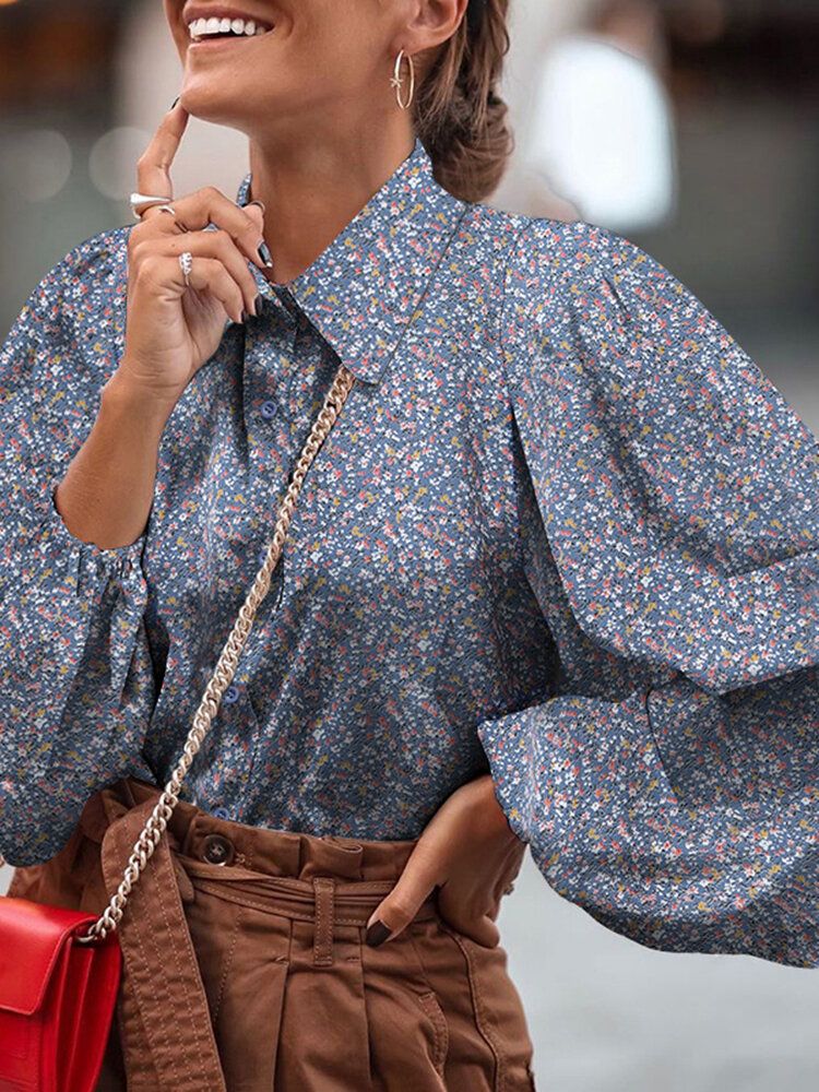 Frauen Ditsy Blumendruck Revers Laterne Ärmel Retro-blusen