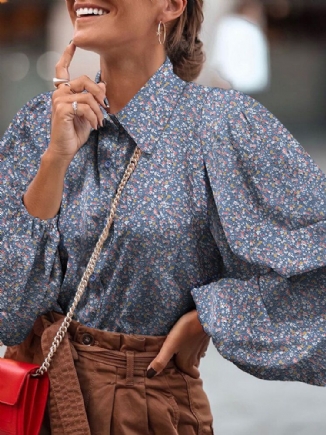 Frauen Ditsy Blumendruck Revers Laterne Ärmel Retro-blusen