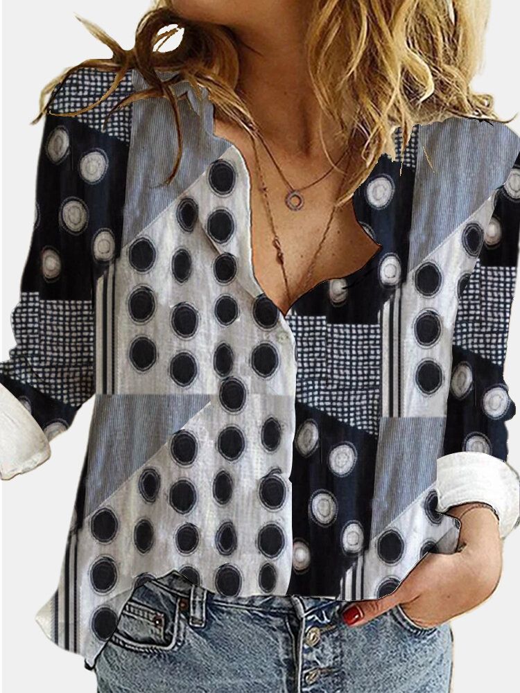 Frauen Gemischte Polka Dot Bedruckte Patchwork-langarm-revers-beiläufige Stilvolle Bluse