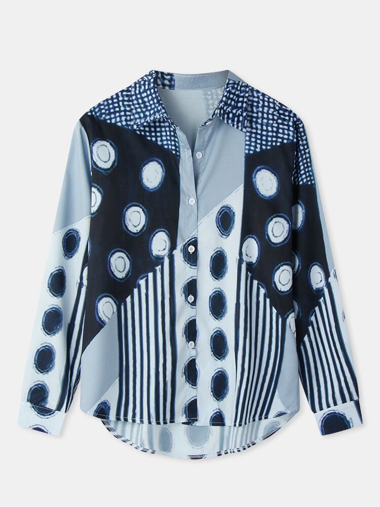 Frauen Gemischte Polka Dot Bedruckte Patchwork-langarm-revers-beiläufige Stilvolle Bluse