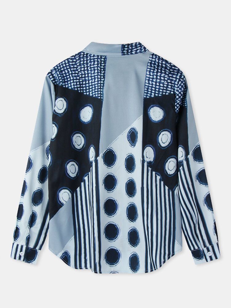 Frauen Gemischte Polka Dot Bedruckte Patchwork-langarm-revers-beiläufige Stilvolle Bluse