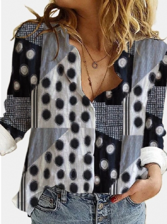 Frauen Gemischte Polka Dot Bedruckte Patchwork-langarm-revers-beiläufige Stilvolle Bluse