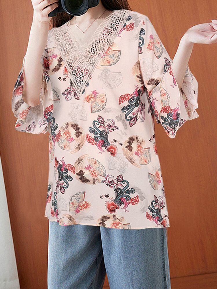 Frauen Gespleißte Pflanzen Und Blumen Halbarm Spitze Casual Loose Fit Bluse