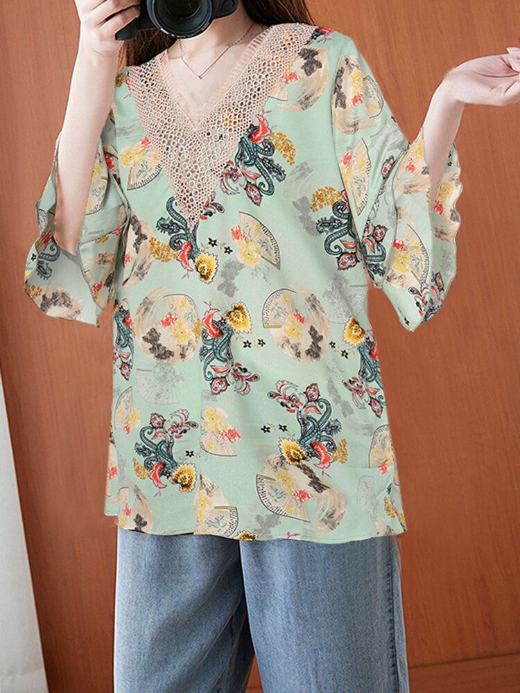 Frauen Gespleißte Pflanzen Und Blumen Halbarm Spitze Casual Loose Fit Bluse