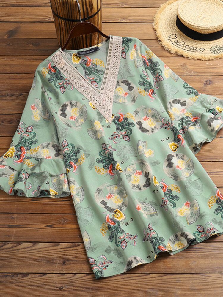 Frauen Gespleißte Pflanzen Und Blumen Halbarm Spitze Casual Loose Fit Bluse