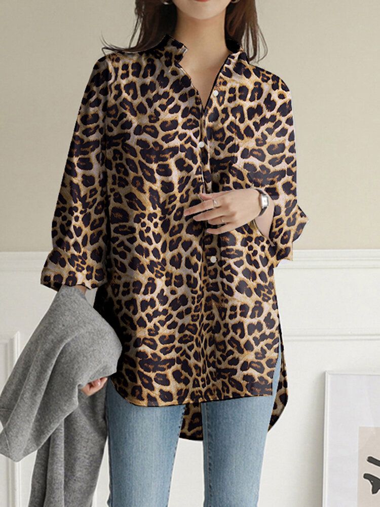 Frauen Leopard Revers High Low Split Saum Lose Langarm-blusen