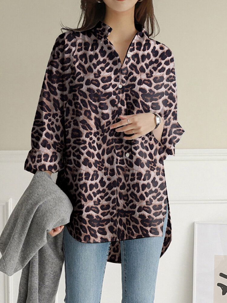 Frauen Leopard Revers High Low Split Saum Lose Langarm-blusen