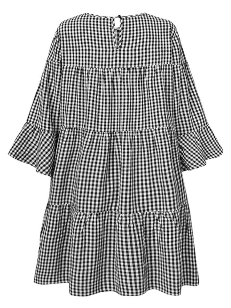 Frauen Plaid Print Flare Sleeve Lässige Mehrlagige Muslimische Bluse