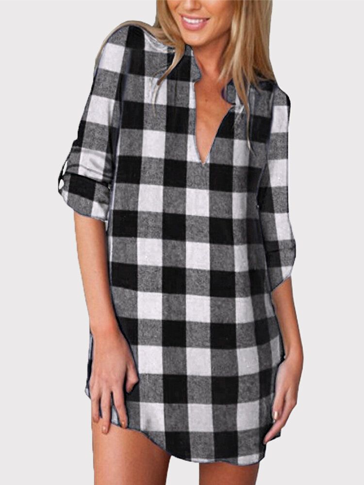 Frauen Plaid Print V-ausschnitt Kragen Halbe Ärmel Beiläufiges Lockeres Hemdkleid