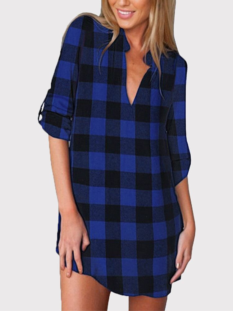 Frauen Plaid Print V-ausschnitt Kragen Halbe Ärmel Beiläufiges Lockeres Hemdkleid