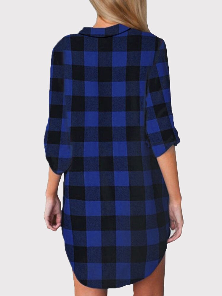 Frauen Plaid Print V-ausschnitt Kragen Halbe Ärmel Beiläufiges Lockeres Hemdkleid