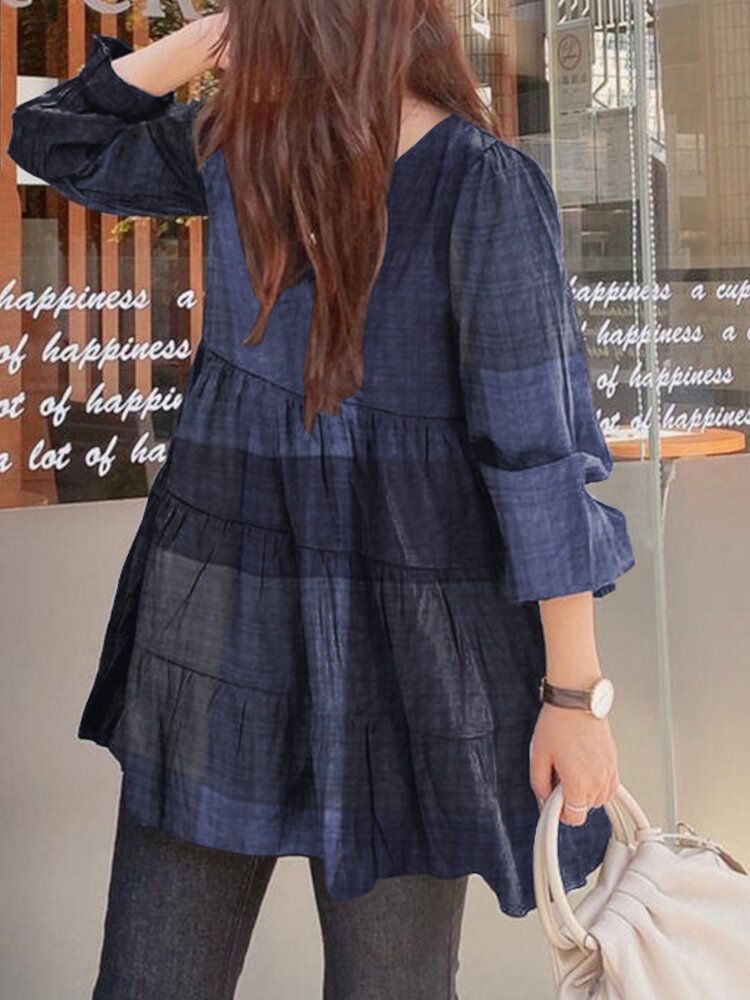 Frauen Plaid Puff Sleeve Loose Splicing O-ausschnitt Plissee Plain Casual Blusen