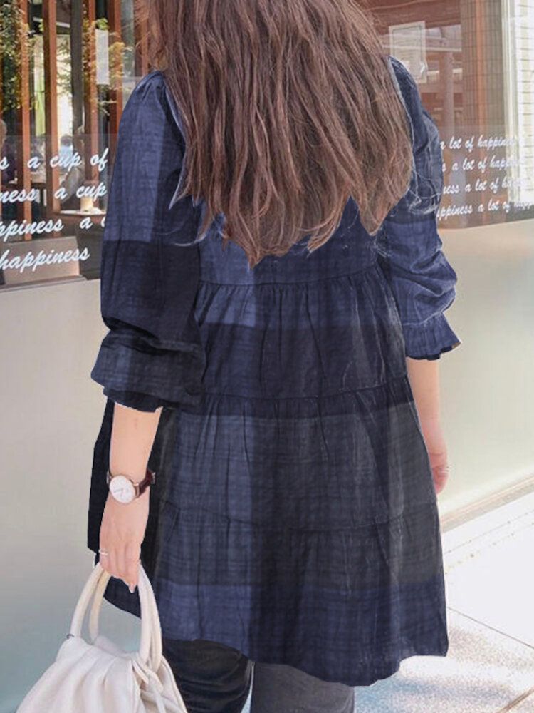 Frauen Plaid Puff Sleeve Loose Splicing O-ausschnitt Plissee Plain Casual Blusen