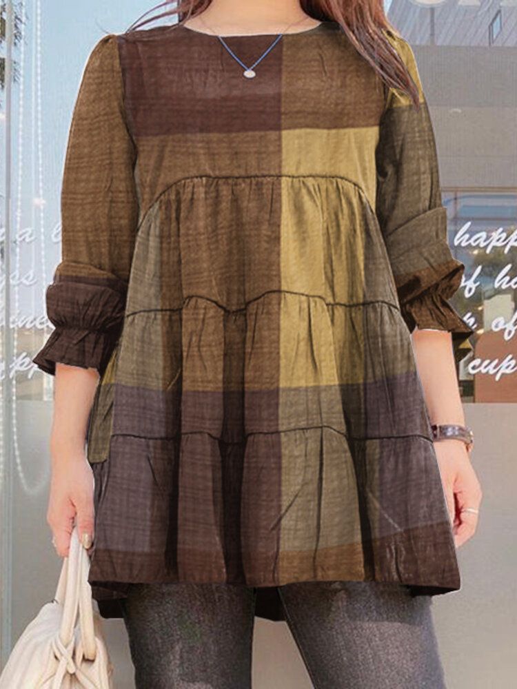 Frauen Plaid Puff Sleeve Loose Splicing O-ausschnitt Plissee Plain Casual Blusen