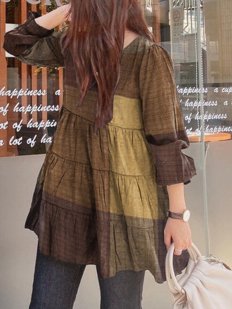 Frauen Plaid Puff Sleeve Loose Splicing O-ausschnitt Plissee Plain Casual Blusen