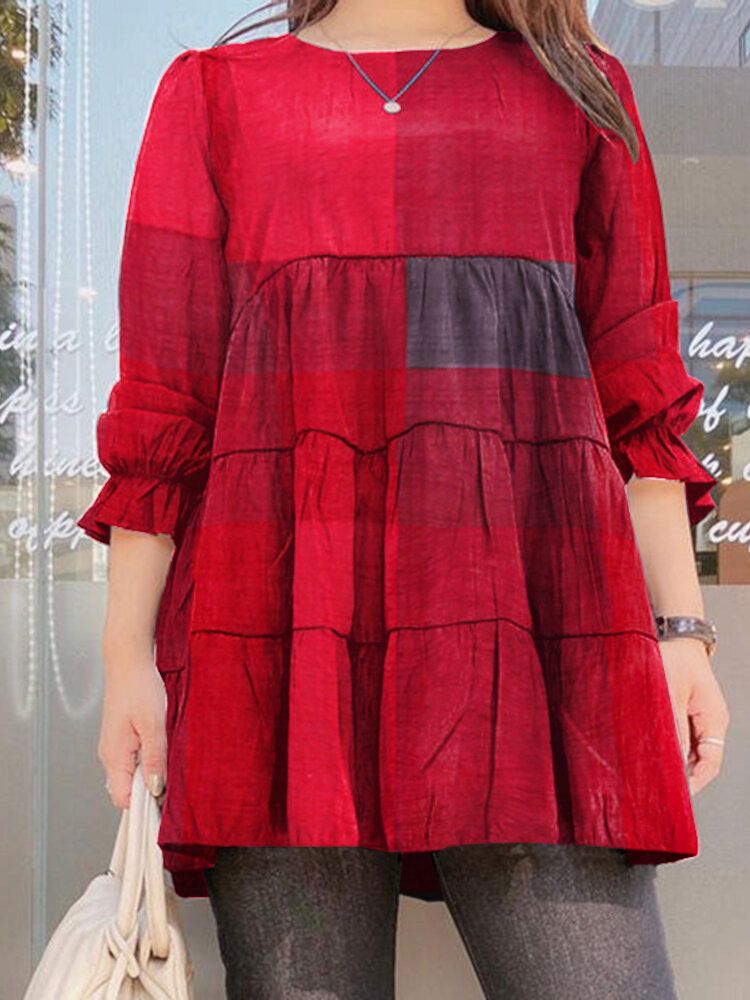 Frauen Plaid Puff Sleeve Loose Splicing O-ausschnitt Plissee Plain Casual Blusen