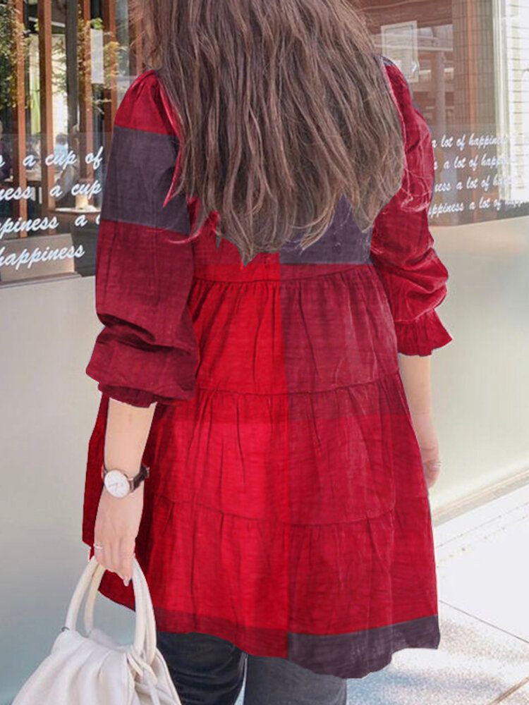 Frauen Plaid Puff Sleeve Loose Splicing O-ausschnitt Plissee Plain Casual Blusen